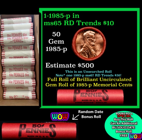 THIS AUCTION ONLY! BU Shotgun Lincoln 1c roll, 1985-p 50 pcs Plus one bonus random date BU roll! Ban