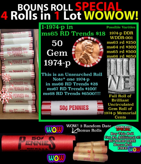 THIS AUCTION ONLY! BU Shotgun Lincoln 1c roll, 1974-p 50 pcs Plus THREE bonus random date BU roll! B