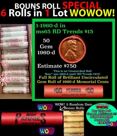 THIS AUCTION ONLY! BU Shotgun Lincoln 1c roll, 1960-d 50 pcs Plus FIVE bonus random date BU roll! Ba