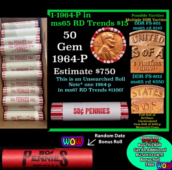 THIS AUCTION ONLY! BU Shotgun Lincoln 1c roll, 1964-p 50 pcs Plus one bonus random date BU roll! Ban