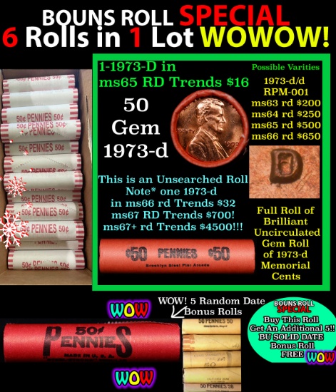 THIS AUCTION ONLY! BU Shotgun Lincoln 1c roll, 1973-d 50 pcs Plus FIVE bonus random date BU roll! Ba