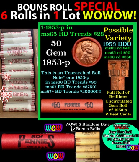 THIS AUCTION ONLY! BU Shotgun Lincoln 1c roll, 1953-p 50 pcs Plus FIVE bonus random date BU roll! Ba