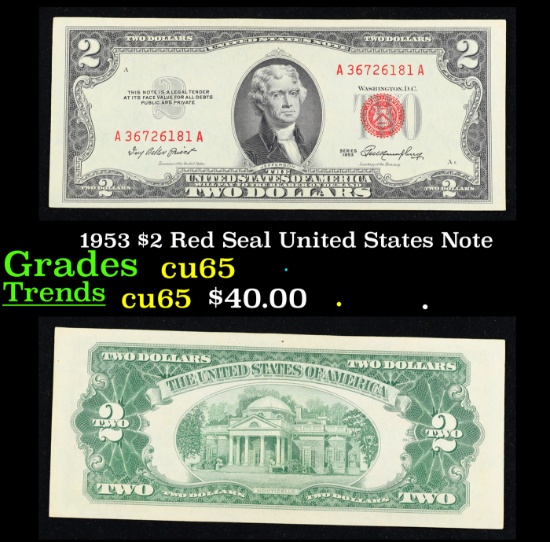 1953 $2 Red Seal United States Note Grades Gem CU