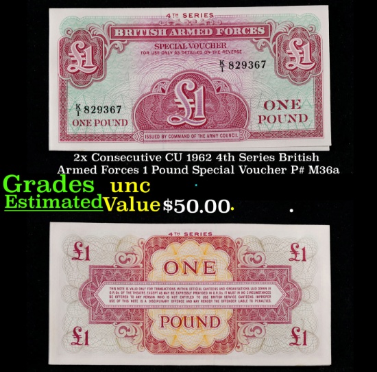 2x Consecutive CU 1962 4th Series British Armed Forces 1 Pound Special Voucher P# M36a Grades Brilli
