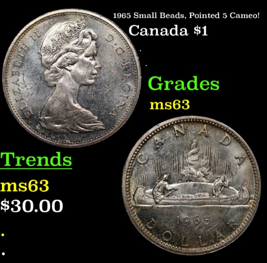 1965 Small Beads, Pointed 5 Canada Dollar Cameo! 1 Grades Select Unc
