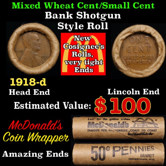 Lincoln Wheat Cent 1c Mixed Roll Orig Brandt McDonalds Wrapper, 1918-d end, Wheat other end