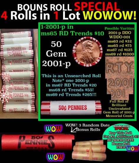 THIS AUCTION ONLY! BU Shotgun Lincoln 1c roll, 2001-p 50 pcs Plus THREE bonus random date BU roll! B