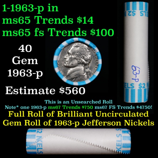 BU Shotgun Jefferson 5c roll, 1963-p 40 pcs Bank $2 Nickel Wrapper