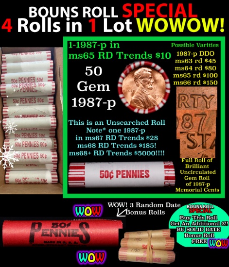 THIS AUCTION ONLY! BU Shotgun Lincoln 1c roll, 1987-p 50 pcs Plus THREE bonus random date BU roll! B