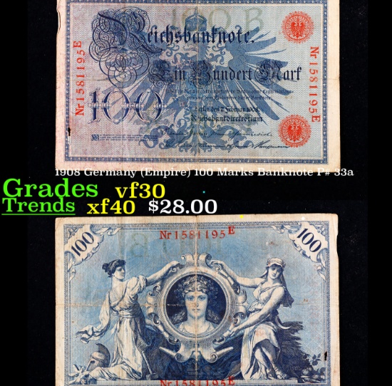 1908 Germany (Empire) 100 Marks Banknote P# 33a Grades vf++