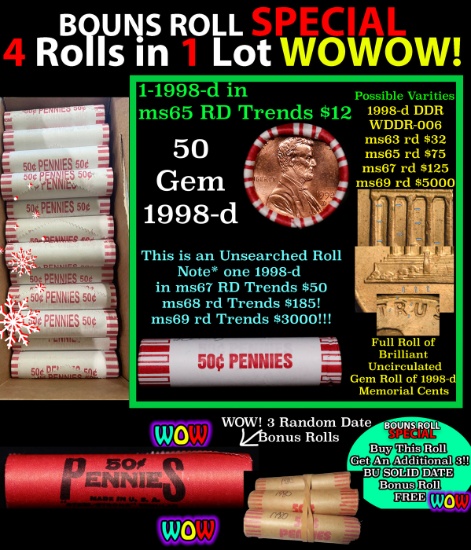 THIS AUCTION ONLY! BU Shotgun Lincoln 1c roll, 1998-d 50 pcs Plus THREE bonus random date BU roll! B