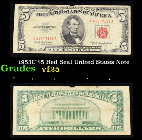 1953C $5 Red Seal United States Note Grades vf+
