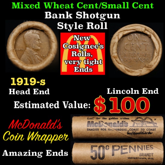 Lincoln Wheat Cent 1c Mixed Roll Orig Brandt McDonalds Wrapper, 1919-s end, Wheat other end
