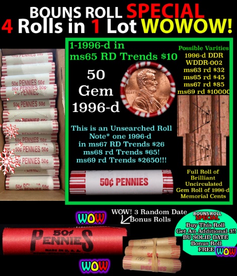THIS AUCTION ONLY! BU Shotgun Lincoln 1c roll, 1996-d 50 pcs Plus THREE bonus random date BU roll! B