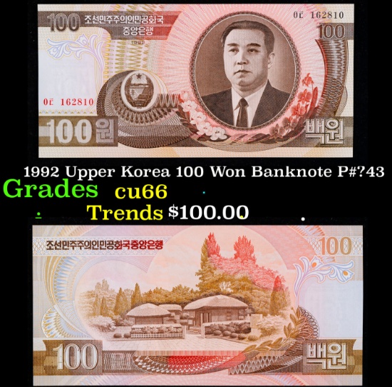 1992 Upper Korea 100 Won Banknote P#?43 Grades Gem+ CU