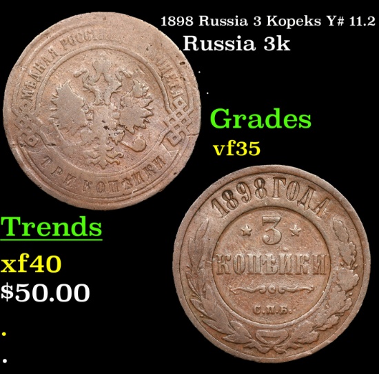1898 Russia 3 Kopeks Y# 11.2 Grades vf++