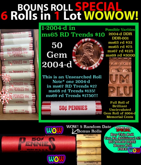 THIS AUCTION ONLY! BU Shotgun Lincoln 1c roll, 2004-d 50 pcs Plus FIVE bonus random date BU roll! Ba