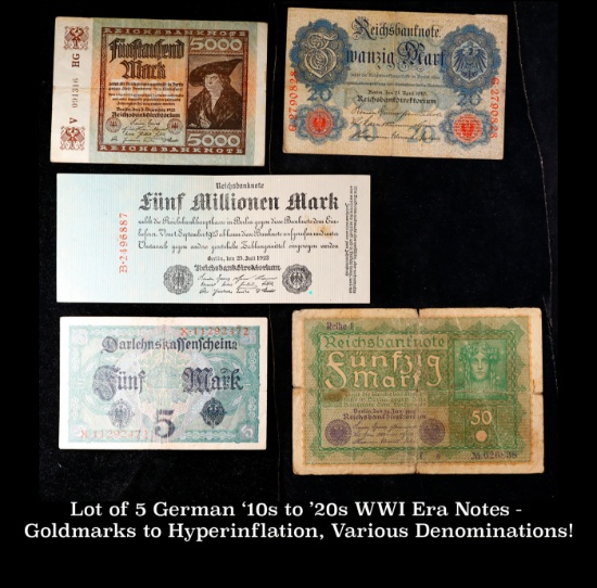 Lot of 5 German '10s to '20s WWI Era Notes - Goldmarks to Hyperinflation, Various Denominations! Gra