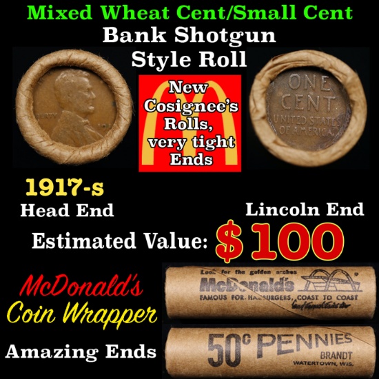 Lincoln Wheat Cent 1c Mixed Roll Orig Brandt McDonalds Wrapper, 1917-s end, Wheat other end