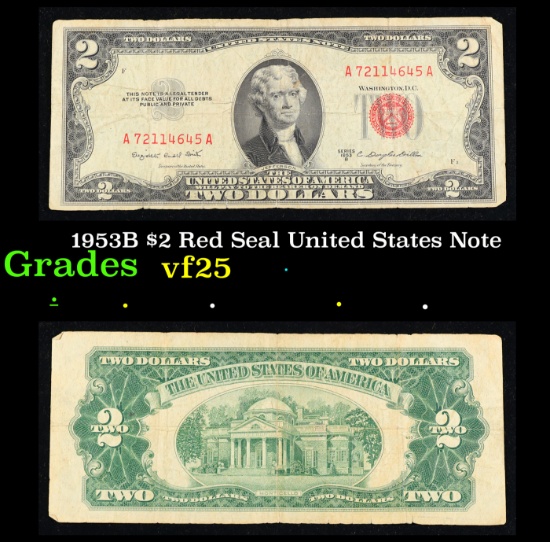1953B $2 Red Seal United States Note Grades vf+