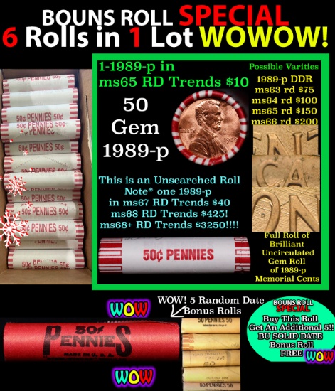 THIS AUCTION ONLY! BU Shotgun Lincoln 1c roll, 1989-p 50 pcs Plus FIVE bonus random date BU roll! Ba