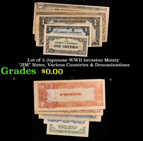 Lot of 5 Japanese WWII Invasion Money "JIM" Notes, Various Countries & Denominations Grades