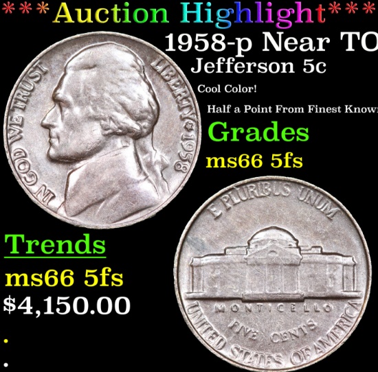 ***Auction Highlight*** 1958-p Jefferson Nickel Near TOP POP! 5c Graded GEM+ 5fs By USCG (fc)