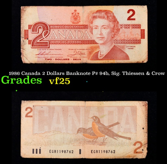1986 Canada 2 Dollars Banknote P# 94b, Sig. Thiessen & Crow Grades vf+