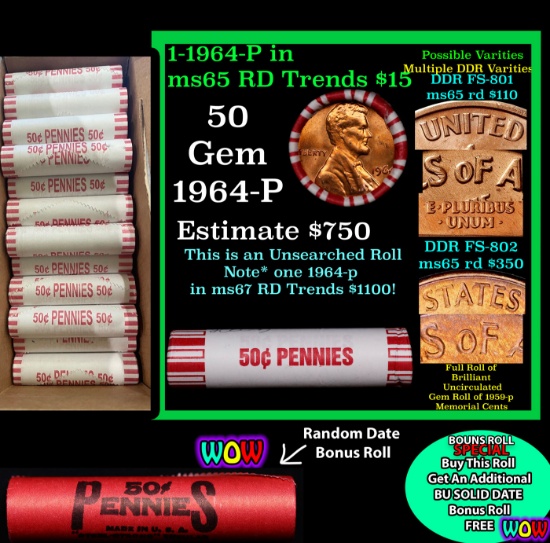 THIS AUCTION ONLY! BU Shotgun Lincoln 1c roll, 1964-p 50 pcs Plus one bonus random date BU roll! Ban
