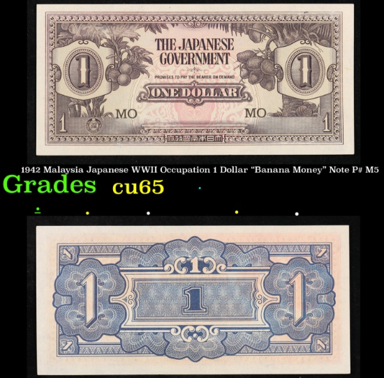 1942 Malaysia Japanese WWII Occupation 1 Dollar "Banana Money" Note P# M5 Grades Gem CU