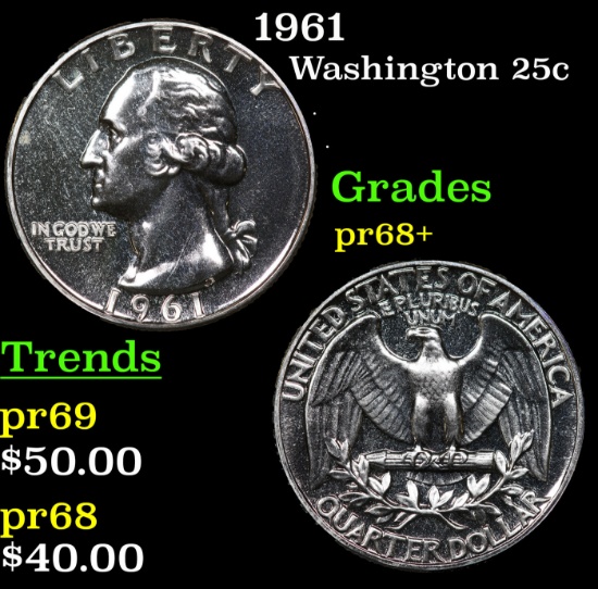 Proof 1961 Washington Quarter 25c Grades GEM++ Proof
