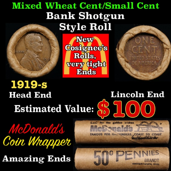 Lincoln Wheat Cent 1c Mixed Roll Orig Brandt McDonalds Wrapper, 1919-s end, Wheat other end