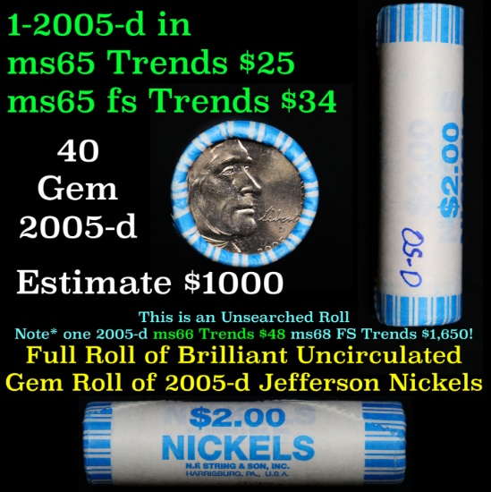 BU Shotgun Jefferson 5c roll, 2005-d Bison 40 pcs Bank $2 Nickel Wrapper