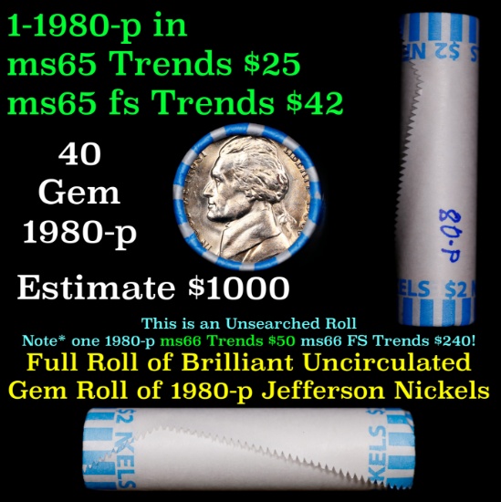 BU Shotgun Jefferson 5c roll, 1980-p 40 pcs Bank $2 Nickel Wrapper