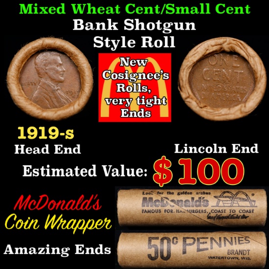 Lincoln Wheat Cent 1c Mixed Roll Orig Brandt McDonalds Wrapper, 1919-s end, Wheat other end