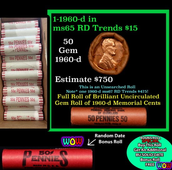 THIS AUCTION ONLY! BU Shotgun Lincoln 1c roll, 1960-d 50 pcs Plus one bonus random date BU roll! Ban