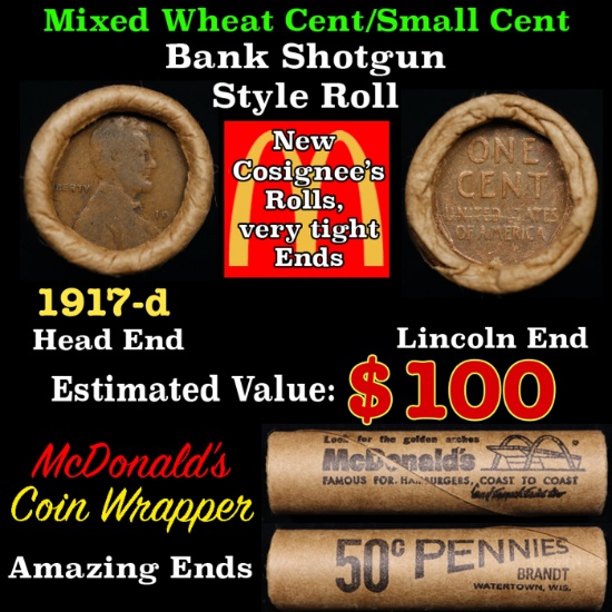 Lincoln Wheat Cent 1c Mixed Roll Orig Brandt McDonalds Wrapper, 1917-d end, Wheat other end