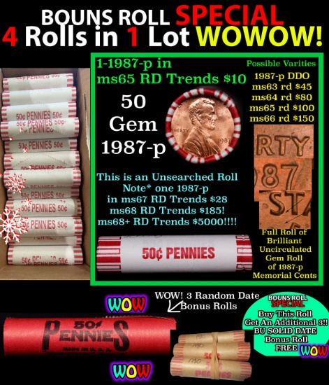 THIS AUCTION ONLY! BU Shotgun Lincoln 1c roll, 1987-p 50 pcs Plus THREE bonus random date BU roll! B