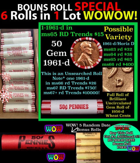 THIS AUCTION ONLY! BU Shotgun Lincoln 1c roll, 1961-d 50 pcs Plus FIVE bonus random date BU roll! Ba