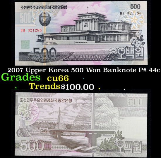 2007 Upper Korea 500 Won Banknote P# 44c Grades Gem+ CU