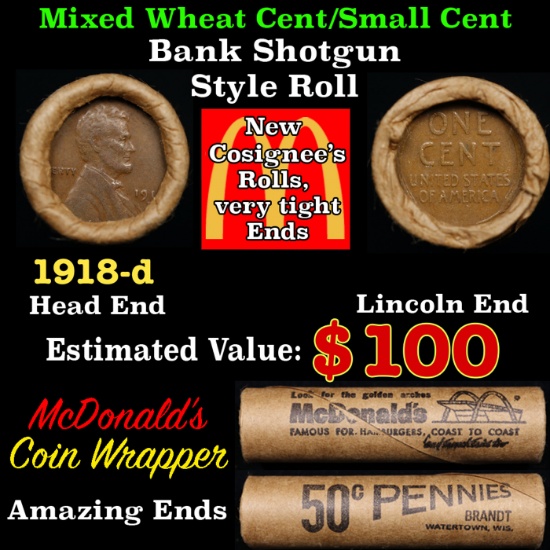 Lincoln Wheat Cent 1c Mixed Roll Orig Brandt McDonalds Wrapper, 1918-d end, Wheat other end