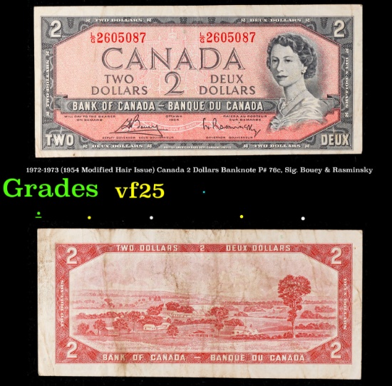 1972-1973 (1954 Modified Hair Issue) Canada 2 Dollars Banknote P# 76c, Sig. Bouey & Rasminsky Grades