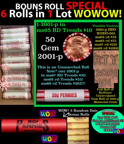 THIS AUCTION ONLY! BU Shotgun Lincoln 1c roll, 2001-p 50 pcs Plus FIVE bonus random date BU roll! Ba