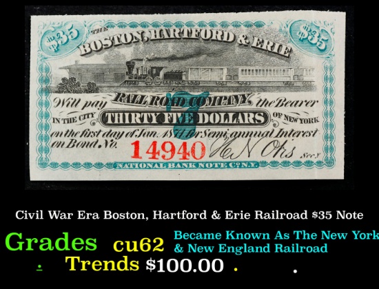 Civil War Era Boston, Hartford & Erie Railroad $35 Note Grades Select CU
