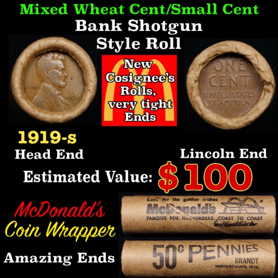 Lincoln Wheat Cent 1c Mixed Roll Orig Brandt McDonalds Wrapper, 1919-s end, Wheat other end