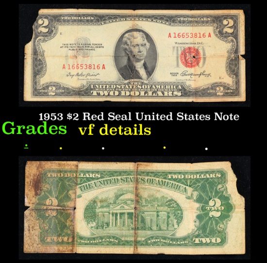 1953 $2 Red Seal United States Note Grades vf details