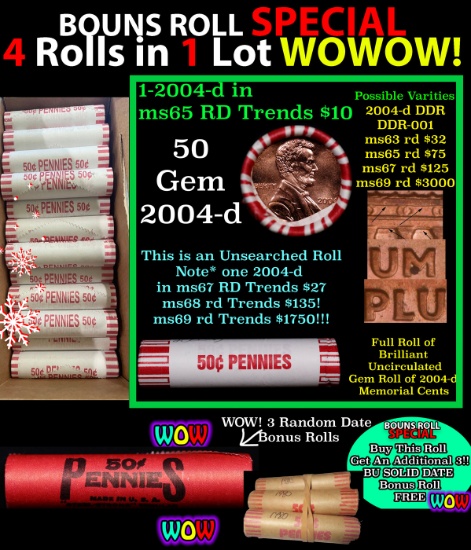 THIS AUCTION ONLY! BU Shotgun Lincoln 1c roll, 2004-d 50 pcs Plus THREE bonus random date BU roll! B