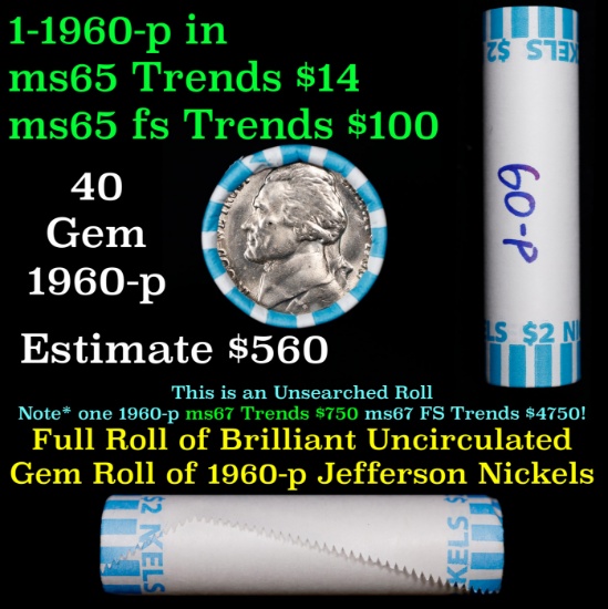 BU Shotgun Jefferson 5c roll, 1960-p 40 pcs Bank $2 Nickel Wrapper