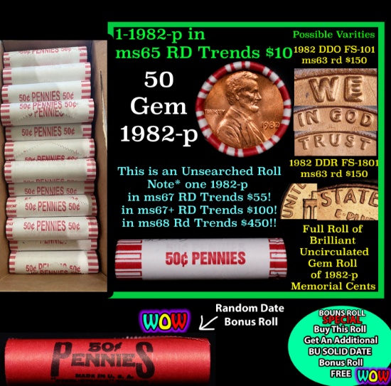 THIS AUCTION ONLY! BU Shotgun Lincoln 1c roll, 1982-p 50 pcs Plus one bonus random date BU roll! Ban