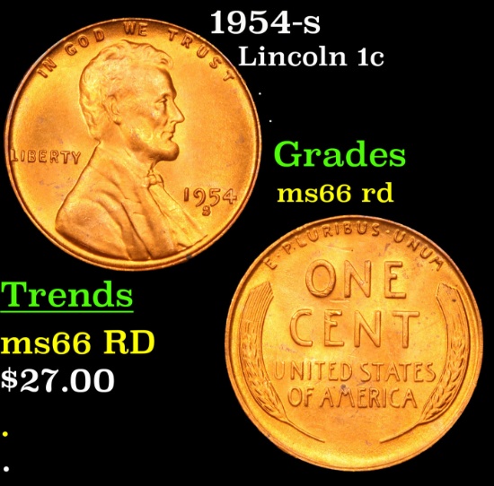 1954-s Lincoln Cent 1c Grades GEM+ Unc RD